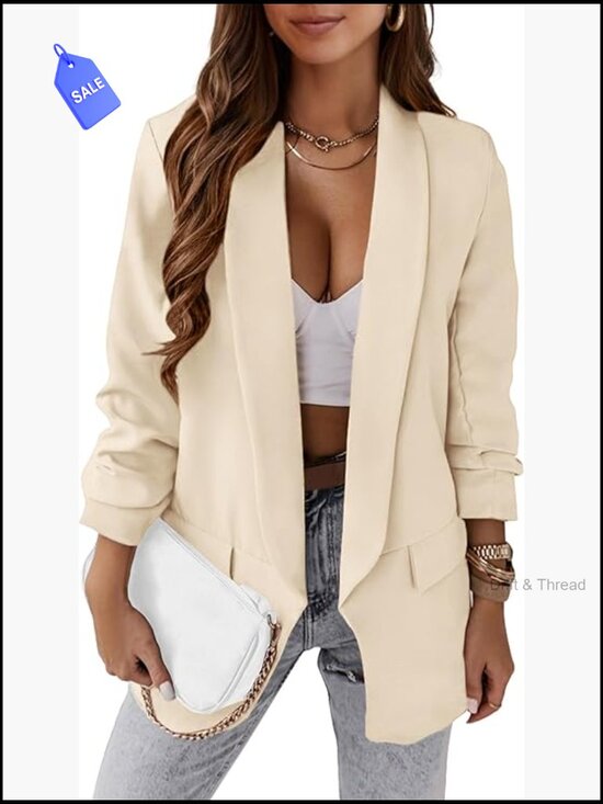 Jackets & Blazers - Oversized Blazer Open Front Lightweight Polyester Business Casual Work Jacket